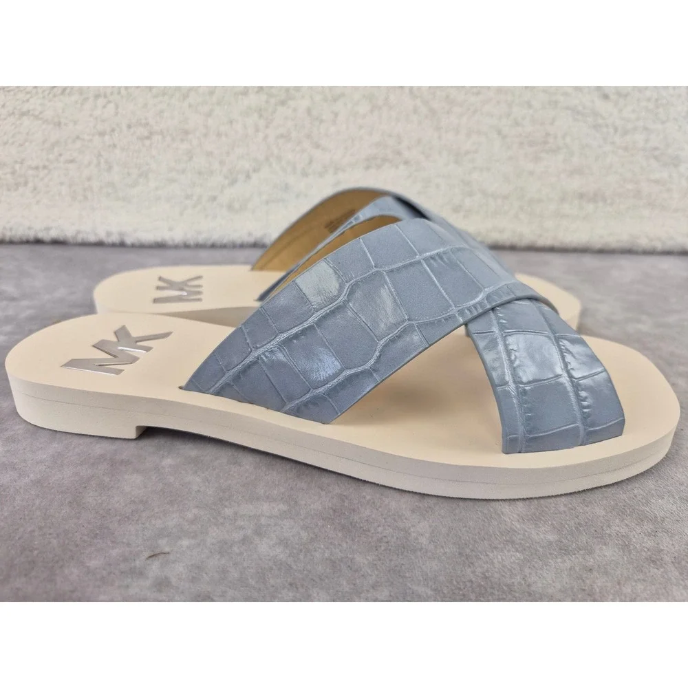 Michael Kors Glenda Pale Blue Croc Embossed Leather Slide Sandals 40S0GLFP1E